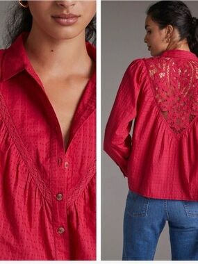 Anthropologie Pilcro Lace Back Button Down Blouse In Berry Size Medium Swiss Dot
